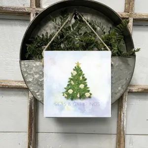 Coastal Christmas Evergreen Tree Square Twine Hanging Sign