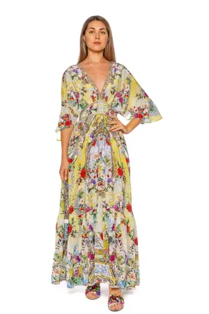 Flor Fantástica Waisted Ruffle Hem Maxi Dress