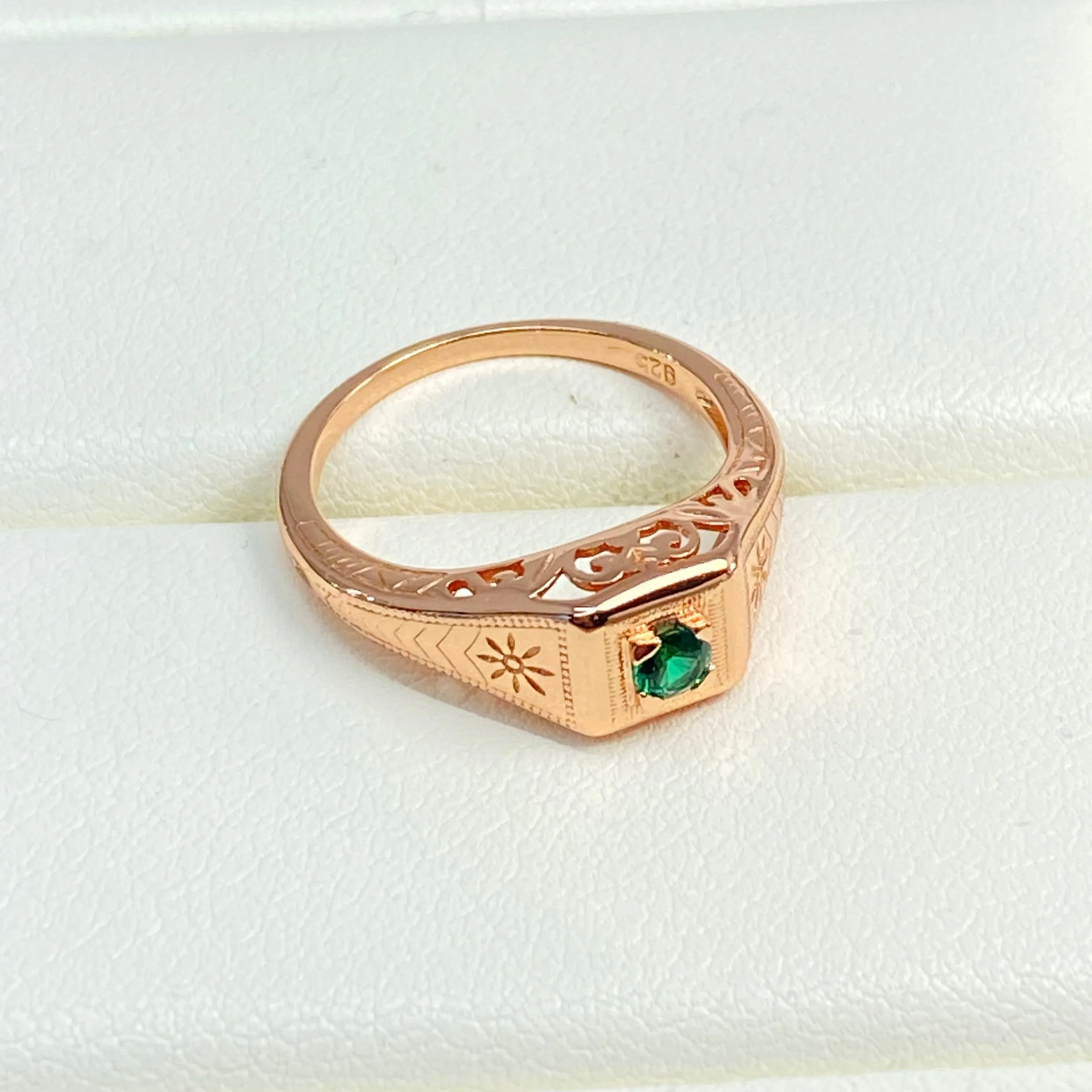 Natural Emerald Ring, Rose Gold, Art Deco Jewelry #D155