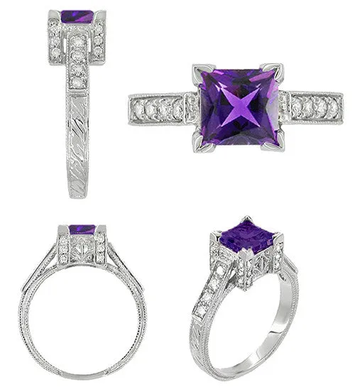 Platinum Art Deco Square Princess Cut 1 Carat Amethyst and Diamond Castle Engagement Ring