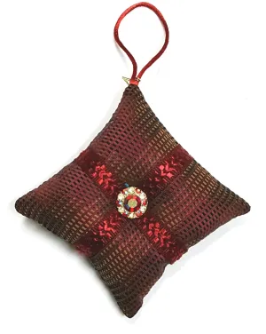 Rich Burgundy Silk with Vintage Rhinestone Button Pillow Ornament
